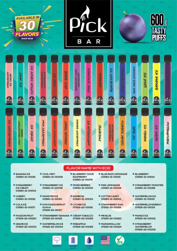 Pick Bar 600 Puffs – Strawberry Ice Cream 20mg Nicotine